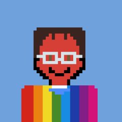 A simple pixel-art avatar of a smiling red-skinned figure with brown hair and white glasses, wearing a rainbow-striped shirt, representing @OxSimpleFarmer in recognition of bringing fun back to NFTs.