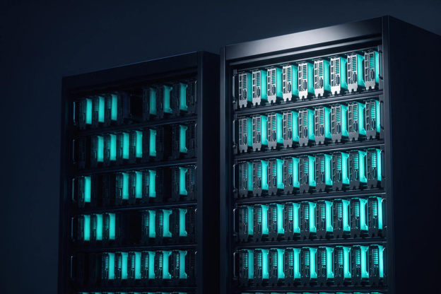 Two tall black server racks glow with teal-cyan internal lighting, displaying rows of densely packed hardware components in a dark room.