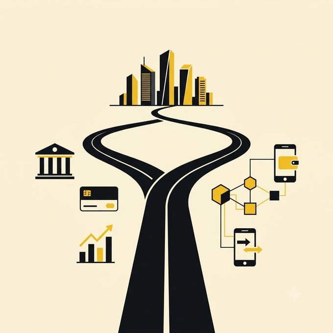 A graphic illustration showing a winding road leading toward a city skyline, with icons representing banking, credit cards, growth charts, and digital transactions along the path.