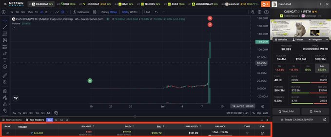 A trading platform interface displays the 'CASH•CAT•WETH Market Cap' chart with massive price spikes reaching around 119.95M, alongside market stats for a token called CASHCAT on the WETH pair.
