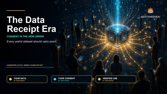 Promotional graphic for @DataHedgeAI titled 'The Data Receipt Era' with the tagline 'Consent is the new origin,' showing a glowing data cube surrounded by people, emphasizing 'Your Data,' 'Your Consent,' and 'Verified Use' with data receipts.