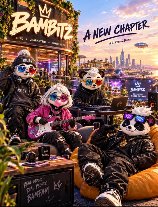 A vibrant promotional poster for 'Bambitz' featuring cartoon panda characters in hip-hop attire with text reading 'A NEW CHAPTER' and '#Listen2Burn', set against a city skyline backdrop.