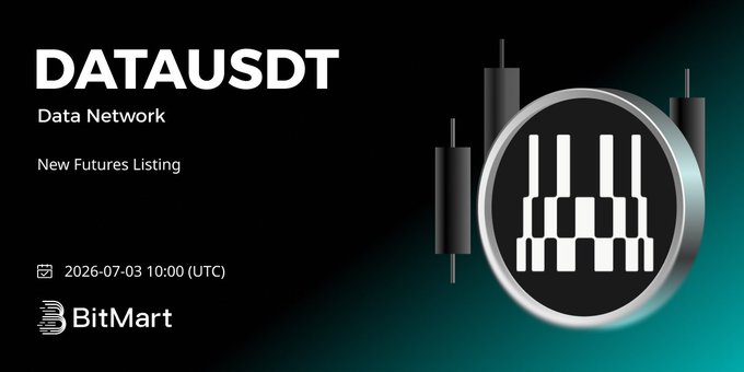 A promotional graphic for 'DATAUSDT - Data Network New Futures Listing' dated 2026-07-03 10:00 (UTC) on BitMart, featuring a bar chart logo.