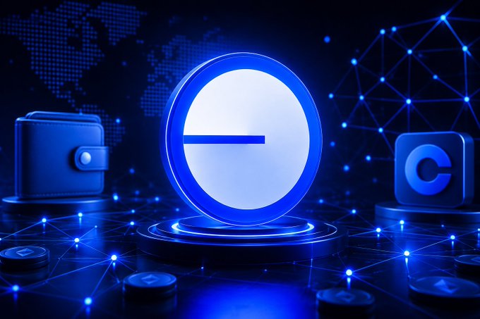 A digital 3D rendering with a blue tech aesthetic, featuring a central circular logo with a horizontal line, a wallet icon on the left, and a copyright symbol on the right, all set against a glowing network background with a faint world map.