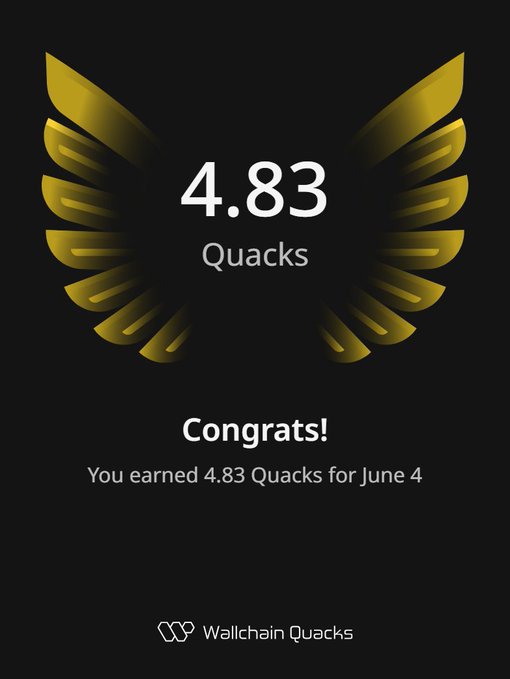 The image shows a poster, possibly from a website or app promoting Quacks, which is a cryptocurrency exchange company. The main focus of the poster is a gold logo featuring a pair of wings with yellow and black colors that reads "4.83 Quacks". Below this logo, there is a list of Quacks being celebrated in white text. The poster also mentions that Quacks is raising funds for the Konnex Test Net project, which has already been live for some time, indicating its ongoing success.