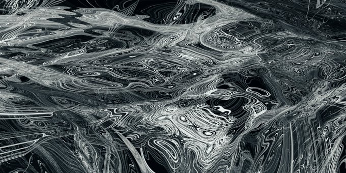 An abstract digital artwork features swirling, distorted silver and black patterns resembling liquid metal or a glitching screen.