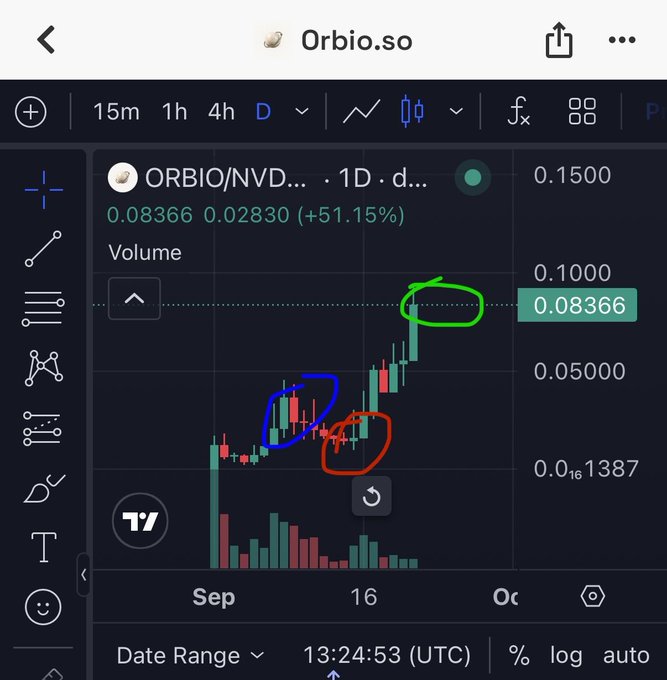 A dark-themed financial trading chart screenshot from Orbio.so displays the price action of the ORBIO/NVD trading pair on a 1-day interval, with green and red candlesticks and several areas circled in green, blue, and red.