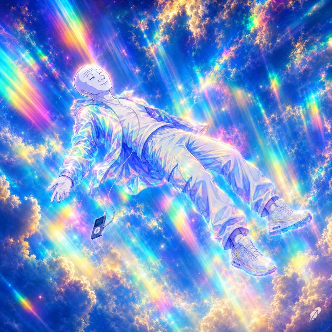 An anime-style illustration of a person in white clothing peacefully floating amidst vibrant, rainbow-colored clouds and radiant light beams.