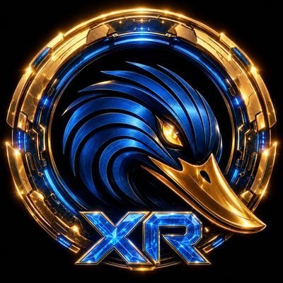 This image features a futuristic logo of a blue bird's head with a golden beak, set within a glowing gold and blue circular frame, with the metallic text "XR" below.