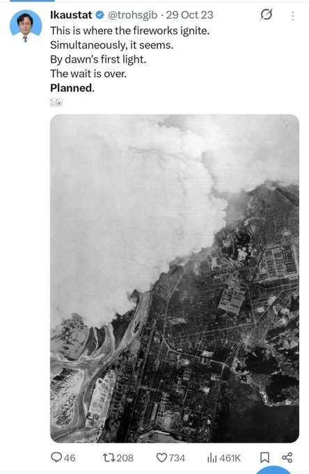 A black-and-white aerial image showing a massive cloud or smoke plume extending over a coastline with urban infrastructure visible below, accompanied by the text "This is where the fireworks ignite. Simultaneously, it seems. By dawn's first light. The wait is over. Planned." The image's dramatic plume visually represents the long-awaited "ignition" or breakthrough referenced in the post about XRP.