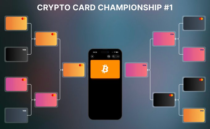 Promotional graphic titled 'CRYPTO CARD CHAMPIONSHIP #1' depicting a tournament bracket of various credit cards and a smartphone with a Bitcoin logo in the center.