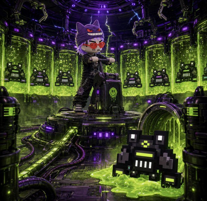 A digital illustration of a purple-haired character wearing a cat hat and sunglasses, riding a suitcase through a neon-lit, green-slime-filled laboratory with pixelated robots.