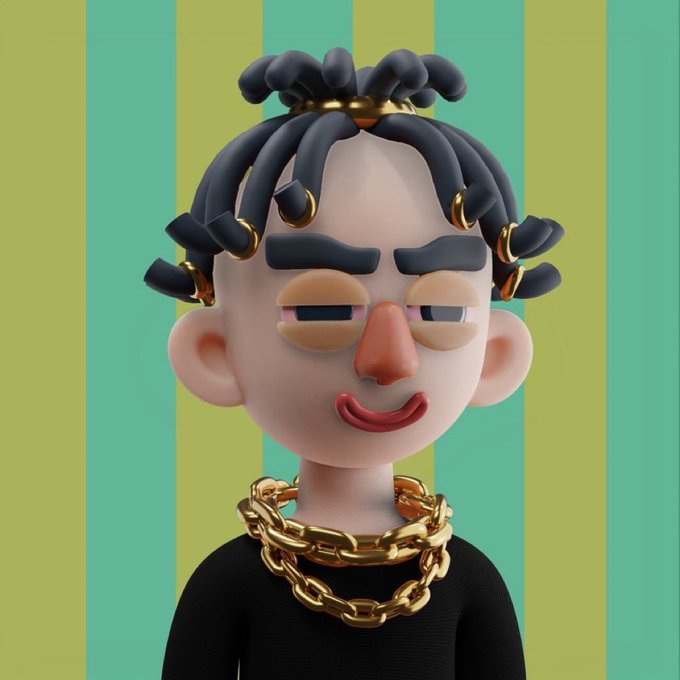 A 3D cartoon character with dark blue dreadlocks tipped with gold rings, wearing a black shirt and thick gold chains, set against a green and yellow striped background.
