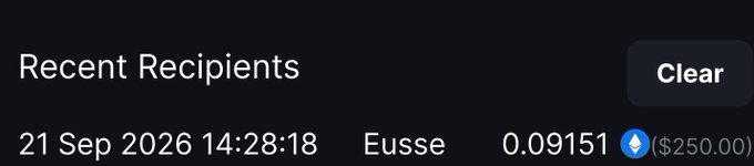 A "Recent Recipients" notification showing a win of 0.09151 ETH ($250.00) sent to user "Eusse" on 21 Sep 2026 at 14:28:18, corresponding to the user's first MetaWin giveaway win mentioned in their celebratory post.