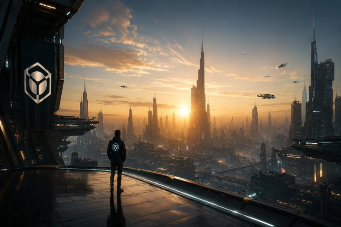 A lone figure with the Nucleus logo on their back stands silhouetted against a sprawling futuristic skyline at sunset, overlooking a high-tech metropolis with flying vehicles and towering skyscrapers—visually symbolizing the elevated status and "big picture" perspective that comes with being part of an established reputation like Nucleus.