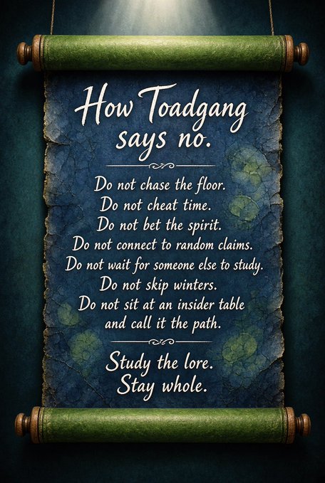 An illustrated scroll displays text titled 'How Toadgang says no,' listing philosophical rules including 'Do not chase the floor,' 'Do not cheat time,' 'Do not bet the spirit,' and concluding with 'Study the lore. Stay whole.'