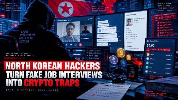 A cybersecurity graphic with the headline 'NORTH KOREAN HACKERS TURN FAKE JOB INTERVIEWS INTO CRYPTO TRAPS,' depicting a hooded hacker at a computer with a video call screen and crypto wallet interface.
