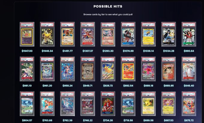 The image shows a "POSSIBLE HITS" tier list featuring 27 graded trading cards, primarily One Piece and Pokémon, sorted by descending dollar value from $1,947.00 down to $675.72, showcasing the premium collectibles available in the new Solana pack promotion that achieved $200k in volume within hours.