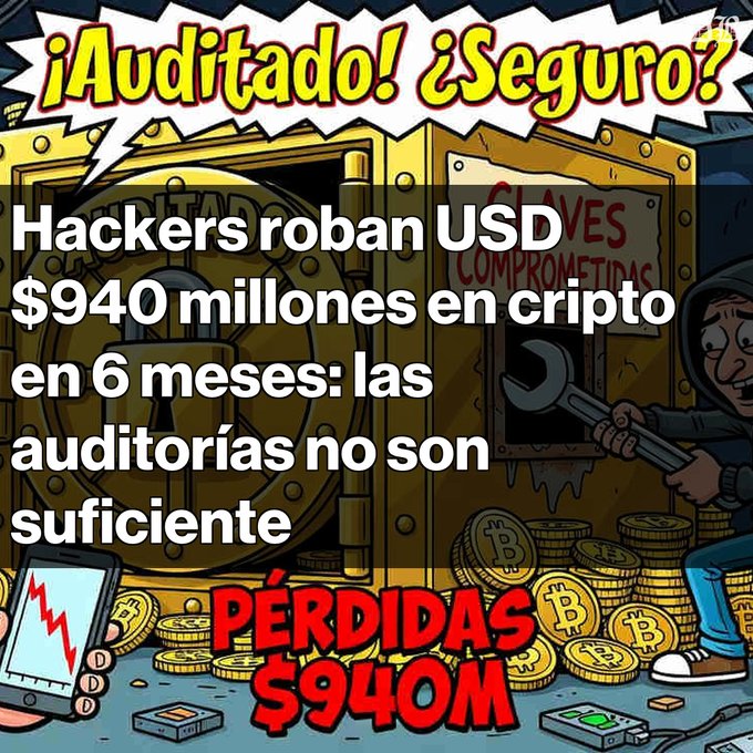 A Spanish-language crypto news graphic titled '¡Auditado! ¿Seguro?' stating 'Hackers roban USD $940 millones en cripto en 6 meses: las auditorías no son suficiente' (Hackers steal USD $940 million in crypto in 6 months: audits are not enough), featuring a cartoon hacker with a wrench opening a safe labeled 'Contraseñas Comprometidas' alongside Bitcoin coins and 'PÉRDIDAS $940M' text.