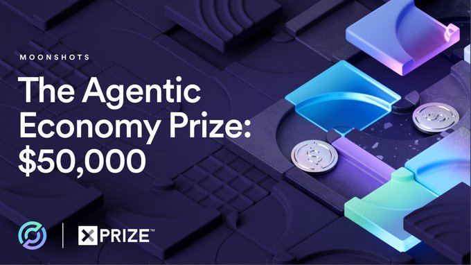 A promotional graphic announces "The Agentic Economy Prize: $50,000" under the "MOONSHOTS" banner, featuring stylized 3D elements resembling circuit-like pathways with coins and a "PRIZE" logo at the bottom. The image visually reinforces the post's message about Circle funding a $50K prize within the Build with Gemini XPRIZE competition for the best autonomous AI agent built on Circle's technology.