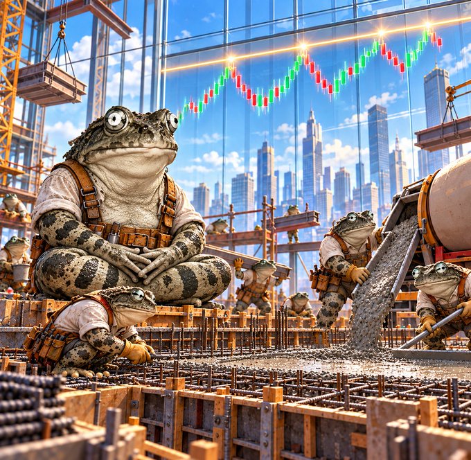 A surreal image shows frogs dressed as construction workers pouring cement at a building site, with a stock market chart overlay in the background.