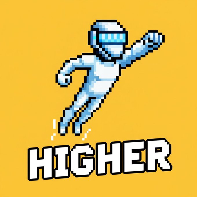 Pixel-art graphic on a yellow background showing a robot-like figure and the large word “HIGHER.”