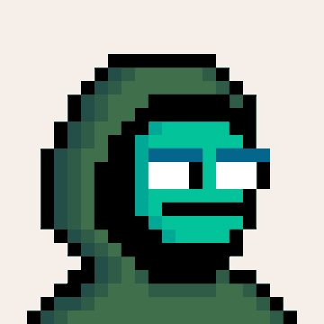 A pixel art character with a teal face, dark green hood, and blue-tinted sunglasses against a light beige background.