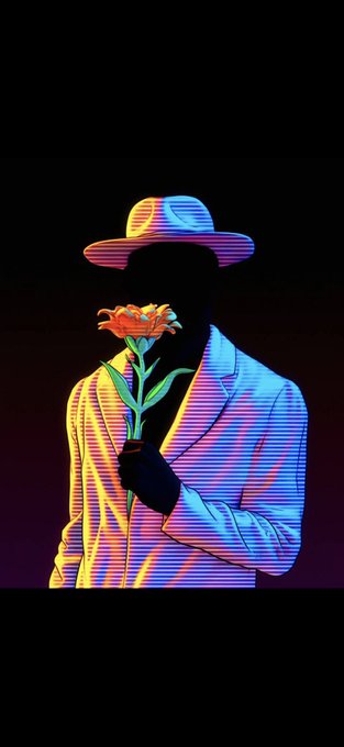 A silhouetted figure in a fedora and striped blazer holds a vibrant orange flower against a dark background, rendered in neon pink, blue, and yellow glitch-art style. The post's casual, cryptic tone—blending gratitude with insider stock-ticker slang ("$ IDC")—matches the mysterious, anonymous aesthetic of the masked character.