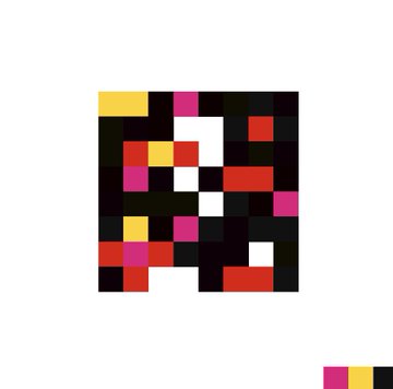 A pixel art design featuring a blocky, abstract composition with yellow, pink, red, black, and white squares on a white background, possibly representing a stylized face or character.