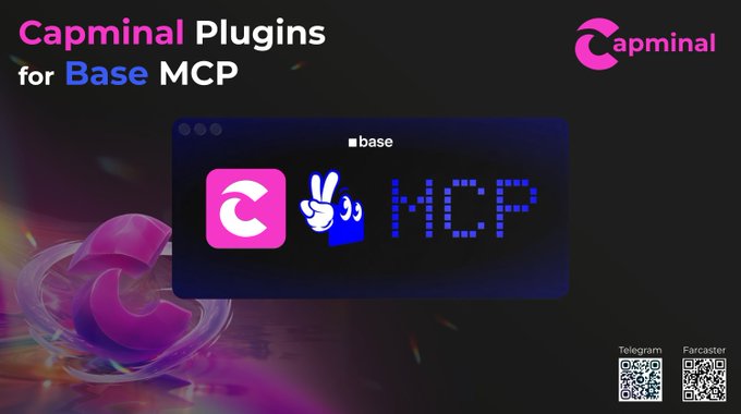 The image features a poster for Capminal Plugins for Base MCP. The poster displays a logo with three different symbols, including a peace sign, a thumbs up, and a thumbs down symbol. The text on the poster indicates that the first community plugin for Base MCP is just released, and it's available for purchase. The post also mentions that the Capminal Orbs are compatible with MCP-enabled chat applications, such as Telegram.