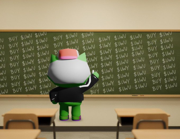 A green cartoon character with a red fez writes "BUY $WUY" repeatedly across a classroom chalkboard, reinforcing the meme ticker promotion tied to the post's claim of it being the biggest gainer on AbstractChain.