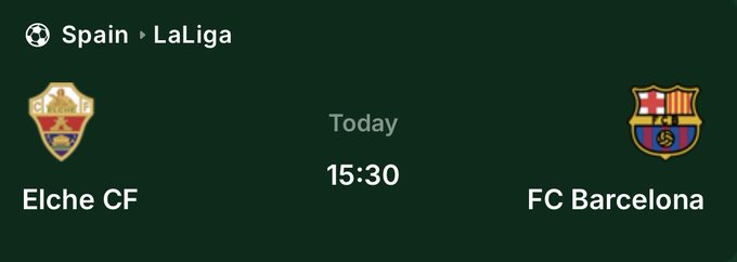 A LaLiga match between Elche CF and FC Barcelona is scheduled for today at 15:30, as displayed on what appears to be a prediction contest graphic tied to a score-predicting competition with two winners.