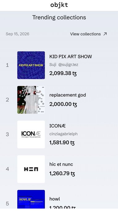 A mobile interface for 'objkt' showing trending collections on Sep 15, 2026, led by 'KID PIX ART SHOW' at 2,099.38 tz.