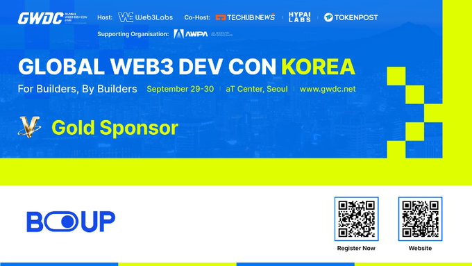 A promotional graphic for 'GLOBAL WEB3 DEV CON KOREA' event on September 29-30 at T Center, Seoul, with BOUP listed as a Gold Sponsor and QR codes for registration.
