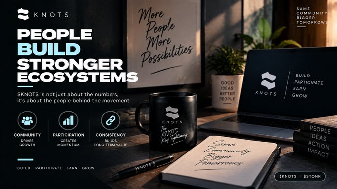 A promotional graphic for 'KNOTS' features the headline 'PEOPLE BUILD STRONGER ECOSYSTEMS' alongside a coffee mug and notebook displaying phrases like 'More People More Possibilities' and 'Same Community Bigger Tomorrows'.