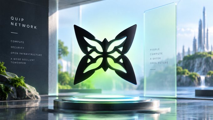Quip Network promotional graphic with a butterfly logo on a podium, reading 'COMPUTE, SECURITY, OPEN INFRASTRUCTURE, A MORE RESILIENT TOMORROW' and 'PEOPLE COMPUTE A SAFER OPEN FUTURE'.
