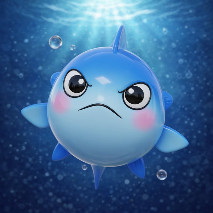 A 3D-rendered cartoon of a grumpy-looking blue fish or pufferfish character underwater surrounded by bubbles.