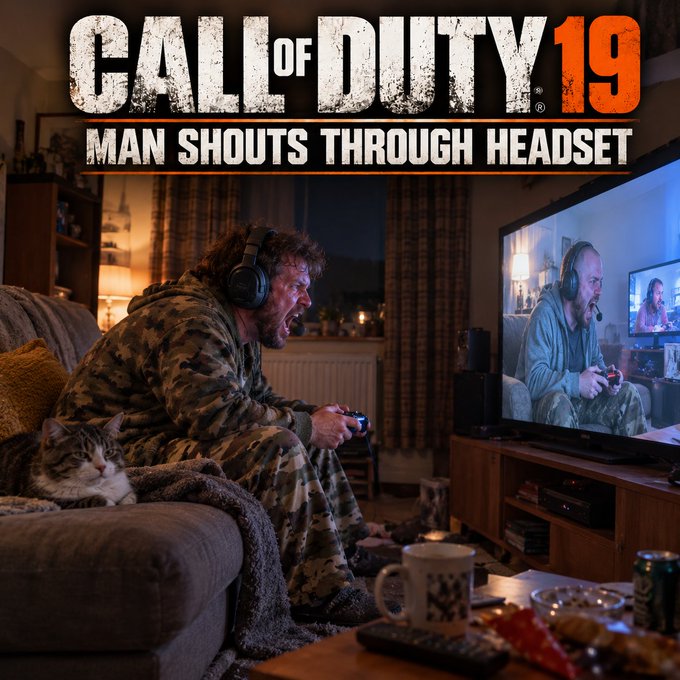 A promotional image for 'Call of Duty 19' with the text 'MAN SHOUTS THROUGH HEADSET', showing a man in camouflage playing video games loudly on a couch next to a cat.