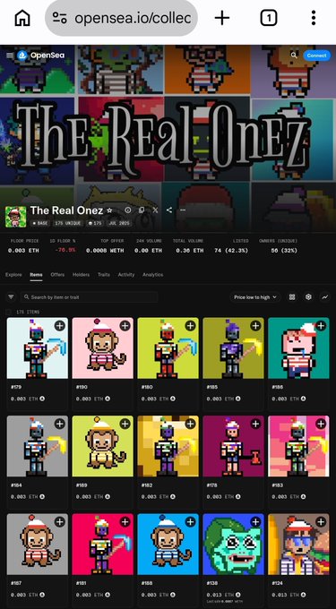 The image shows an OpenSea collection page for "The Real Onez" featuring pixel-art NFT characters displayed in a grid, with items priced at approximately 0.003 ETH (~$5.62). The collection displays various numbered characters (#179, #180, #182, #185, etc.) with stats like 75 items, 42 owners, and 70.9% listed, directly supporting the post's announcement about starter NFTs being added at a $5.62 price point for new collectors.