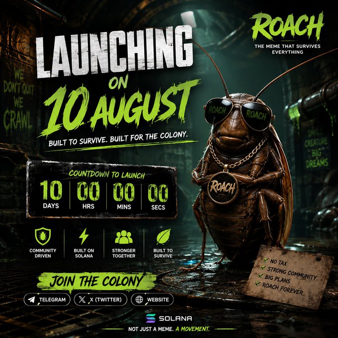 A promotional poster for 'ROACH - THE MEME THAT SURVIVES EVERYTHING' announces a launch on 10 August with a 10-day countdown, featuring an anthropomorphized cockroach wearing sunglasses and a gold chain.