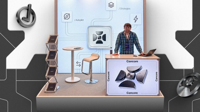A representative stands at the Cancore booth, which features the company's logo prominently on the front counter, at the KBW2026 conference. The backdrop highlights Cancore's technology with icons for "Autopilot" and "Strategies," reflecting the company's presence at the event focused on Canton, public-chain liquidity, and tokenized finance.