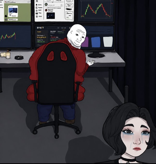 An anime-style illustration of a trader in a red hoodie sitting in front of multiple screens showing crypto trading interfaces, including charts and a 'BYBIT' account display showing a SOL/USDT position with total equity around $132,874.23.