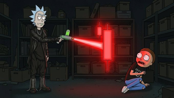 An animated scene featuring Rick pointing a portal gun emitting a red beam at a terrified Morty in a dark storage room filled with shelves and boxes.