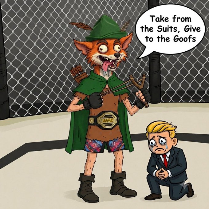 A cartoon depicts a fox dressed as Robin Hood holding a slingshot and wearing a 'UFC' championship belt, telling a kneeling, sad-looking Donald Trump character 'Take from the Suits, Give to the Goofs'.