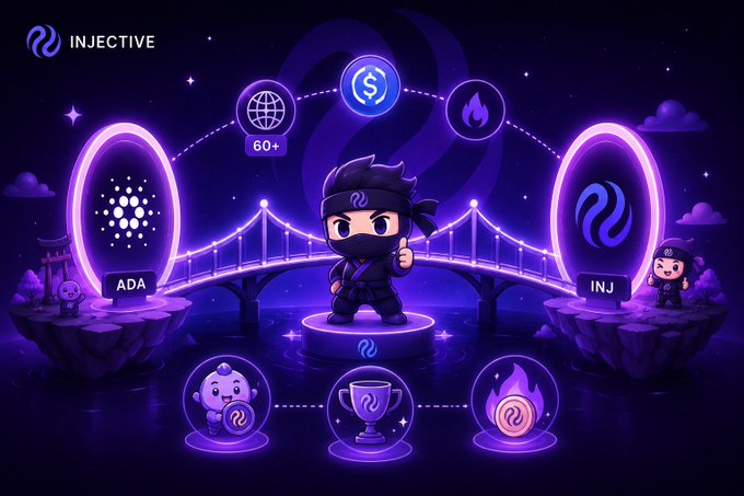 A purple-themed promotional graphic for 'INJECTIVE' featuring a cartoon ninja character standing on a bridge connecting two portals labeled 'ADA' (Cardano) and 'INJ' (Injective), surrounded by icons of various blockchain ecosystems.