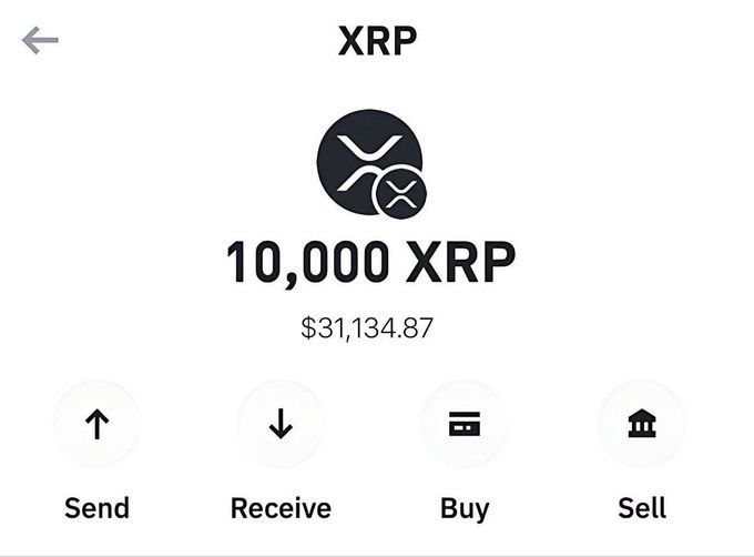 The image shows a cryptocurrency wallet display with 10,000 XRP ($31,134.87) along with Send, Receive, Buy, and Sell options. The screenshot serves as proof of funds to support the giveaway claim of distributing 10,000 XRP (~$31,000) to a random follower.