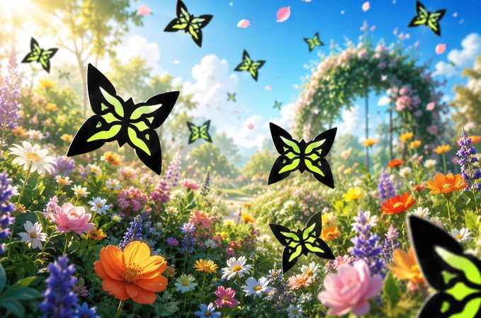 A vibrant, stylized garden scene with colorful blooming flowers, green foliage, a rose-covered archway, and several glowing neon-green and black butterflies fluttering across a bright blue sky, evoking a sense of organic growth and interconnectedness. The image mirrors the post's theme of cultivating a thriving ecosystem, with the butterflies symbolizing the network of AI, decentralized compute, and real-world applications that QuipNetwork is carefully building rather than chasing fleeting trends.