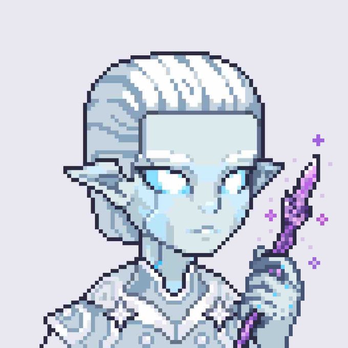 Pixel art portrait of a pale blue-skinned, white-haired elf-like character with pointed ears, surrounded by purple sparkles and holding a glowing purple wand.