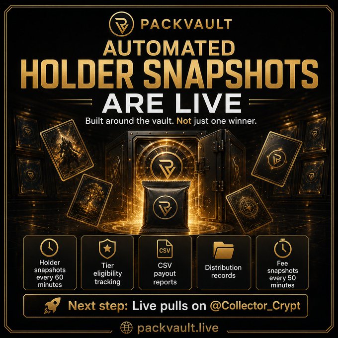 The image features a poster for PackVault, an automated holder snapshot system that allows users to take pictures of their cards or other items they want to store securely. The poster includes various images of cards and coins, showcasing the system's capabilities. The text on the poster highlights the benefits of using the system, such as automatic snapshots, tier eligibility tracking, CSV payout reports, distribution records, and fee snapshots for live pulls on @Collector_Crypt.