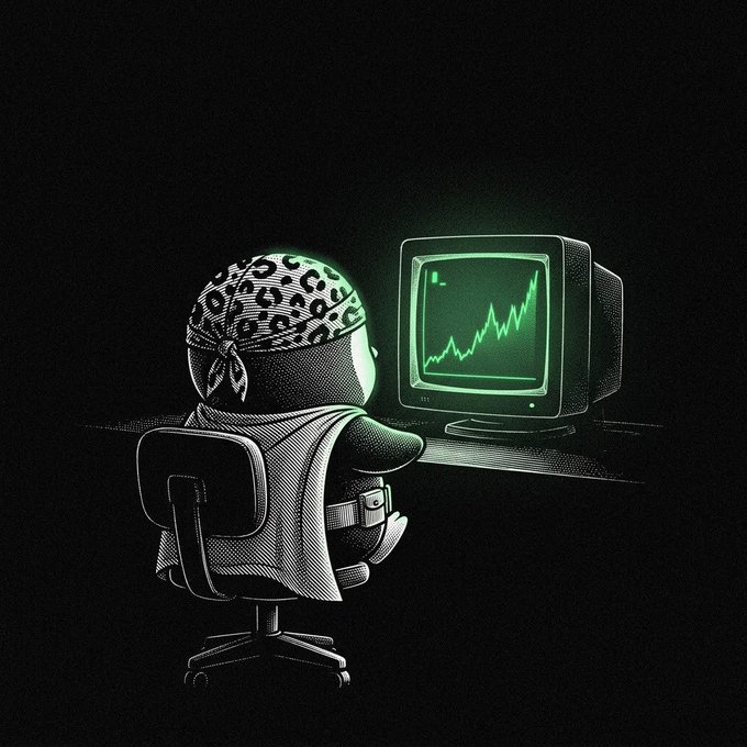 A stylized black-and-white illustration with green accents showing a figure wearing a leopard-print bandana and cape sitting at a desk, watching a rising stock chart on a vintage CRT monitor.